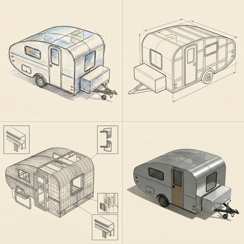 Concept to product: sketch, technical drawing, CAD wireframe, final render