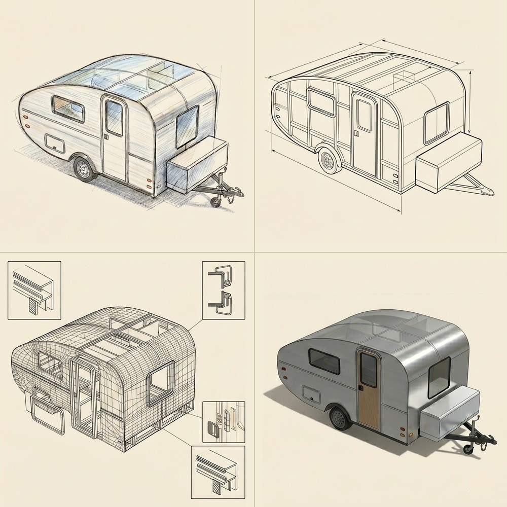 Concept to product: sketch, technical drawing, CAD wireframe, final render