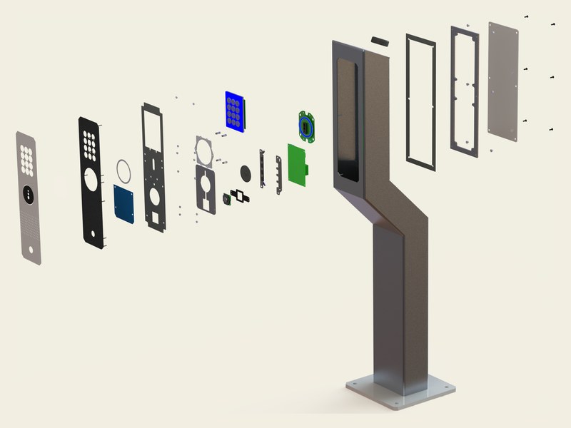 Mechanism assembly designed by Cast Iron CAD: barcode post exploded view